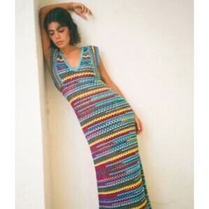 Zara Crochet Knit Maxi Dress Colorful Striped Sleeveless Cover Up S